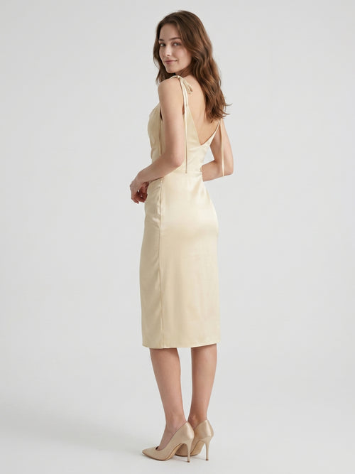 Champagne Satin Sheath Square Neck V-Back Knee-Length Bridesmaid Dress