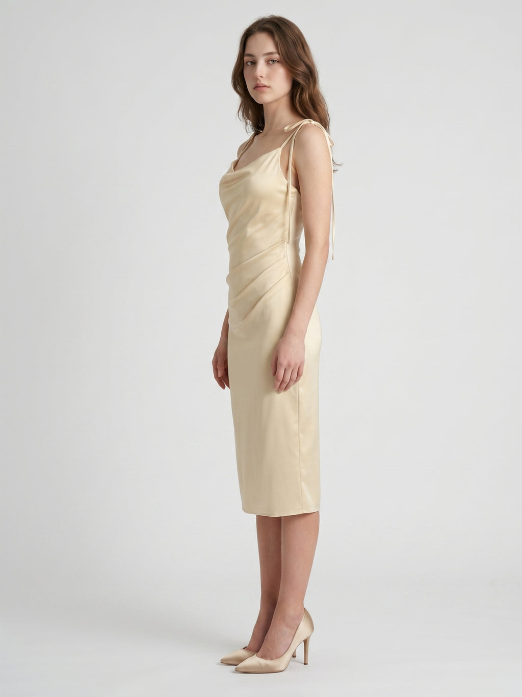 Champagne Satin Sheath Square Neck V-Back Knee-Length Bridesmaid Dress