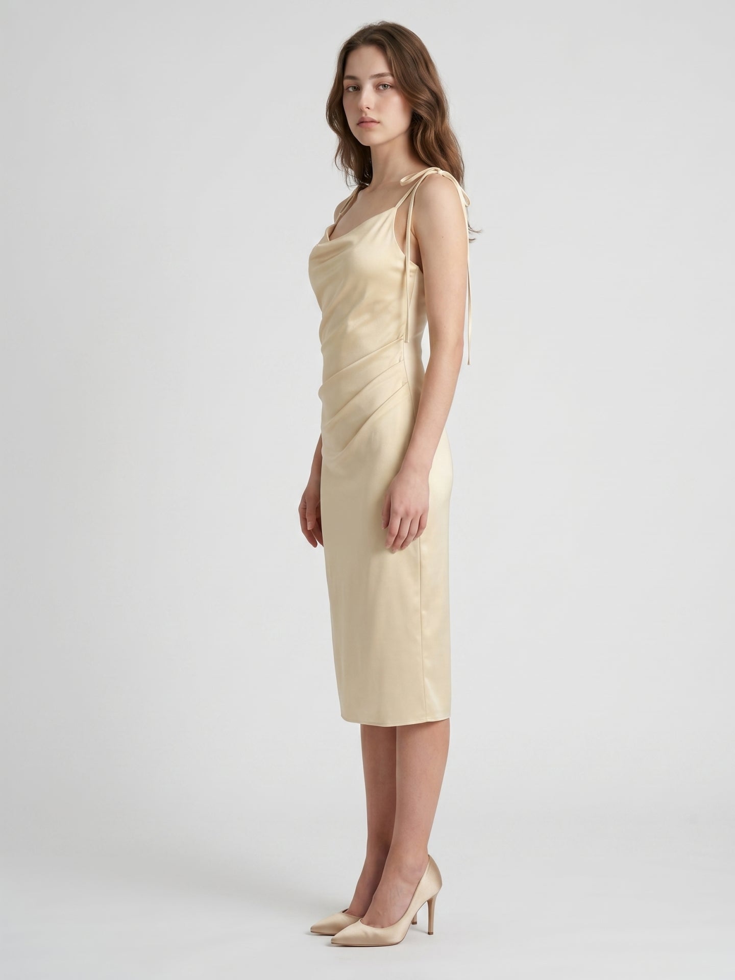 Champagne Satin Sheath Square Neck V-Back Knee-Length Bridesmaid Dress