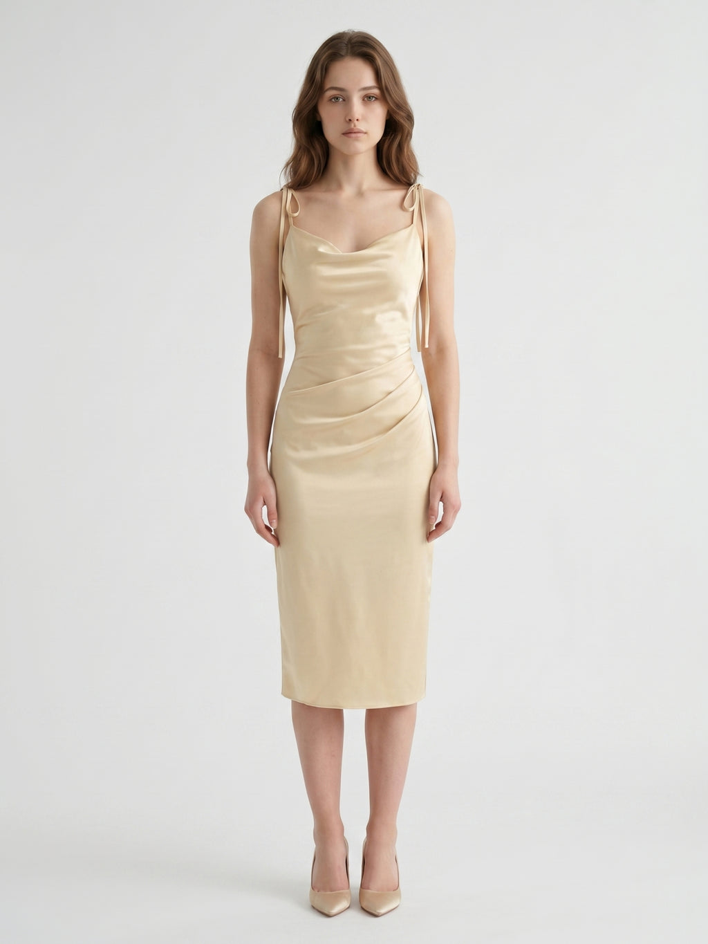 Champagne Satin Sheath Square Neck V-Back Knee-Length Bridesmaid Dress