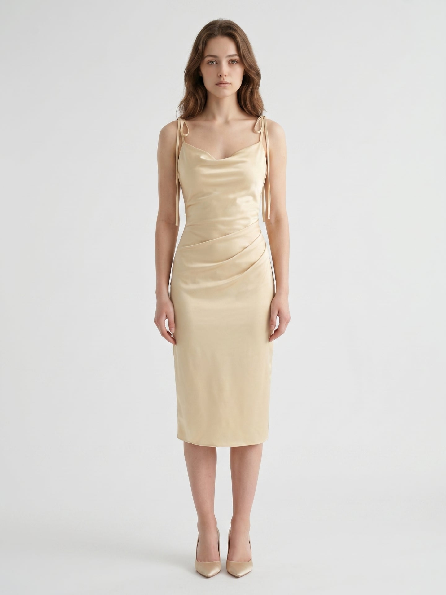 Champagne Satin Sheath Square Neck V-Back Knee-Length Bridesmaid Dress