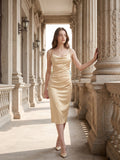 Champagne Satin Sheath Square Neck V-Back Knee-Length Bridesmaid Dress