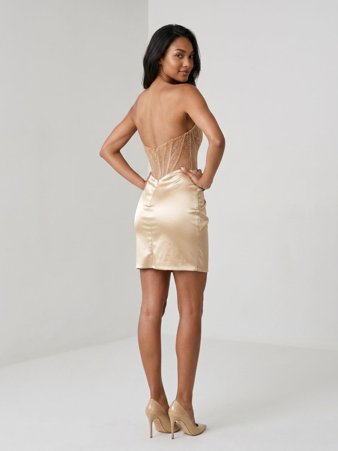 Champagne Satin Sheath Straight Neck Back Zip Short Dress with Sequins