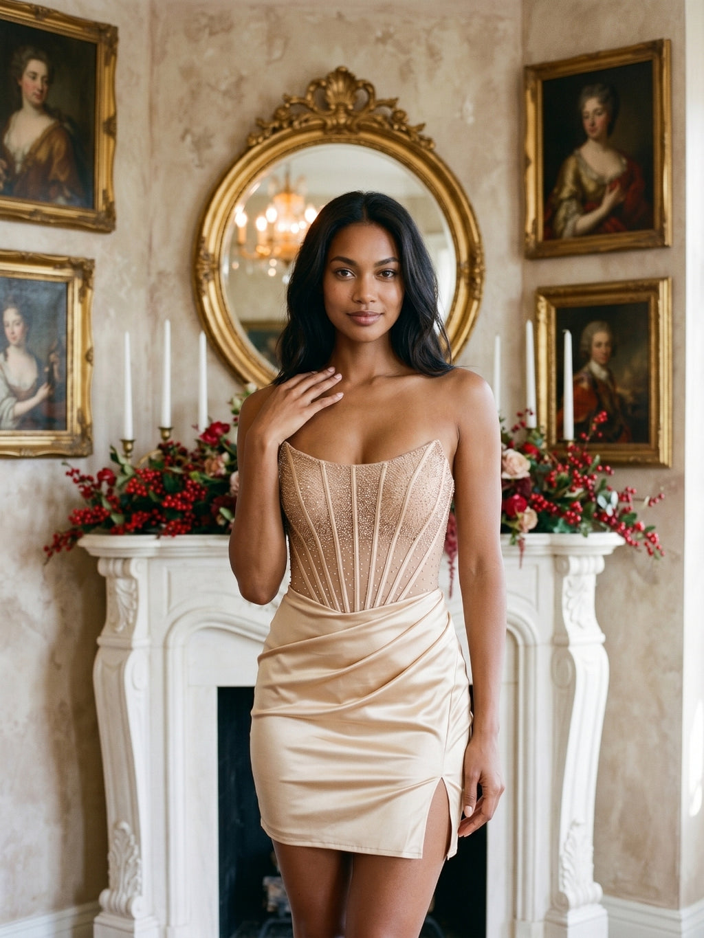 Champagne Satin Sheath Straight Neck Back Zip Short Dress with Sequins