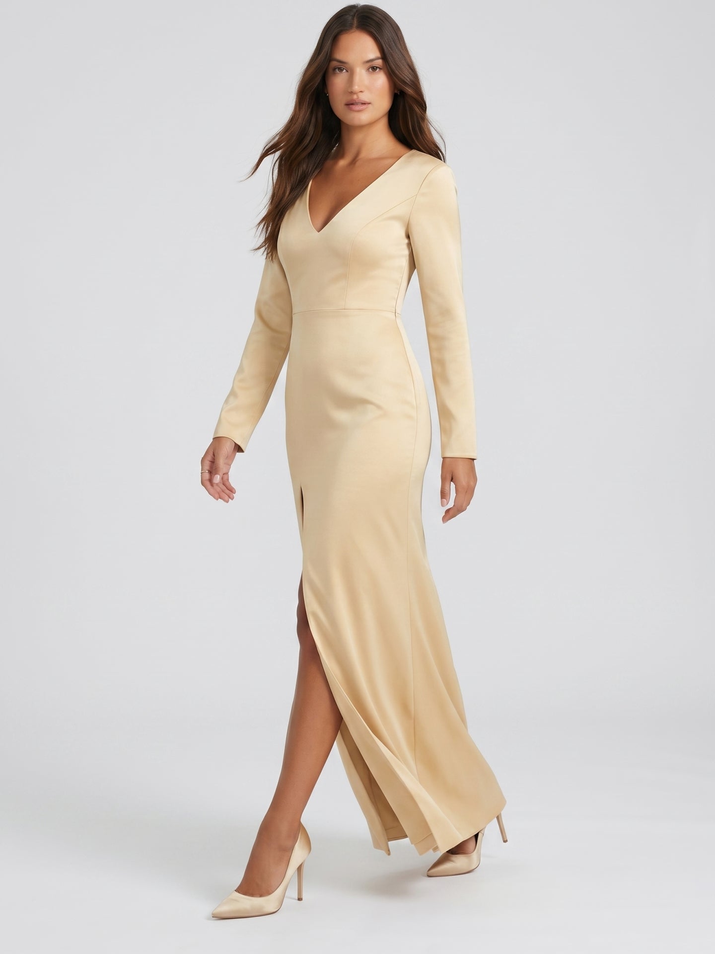 Champagne Satin Sheath V-Neck Back Zip Floor-Length Bridesmaid Dress