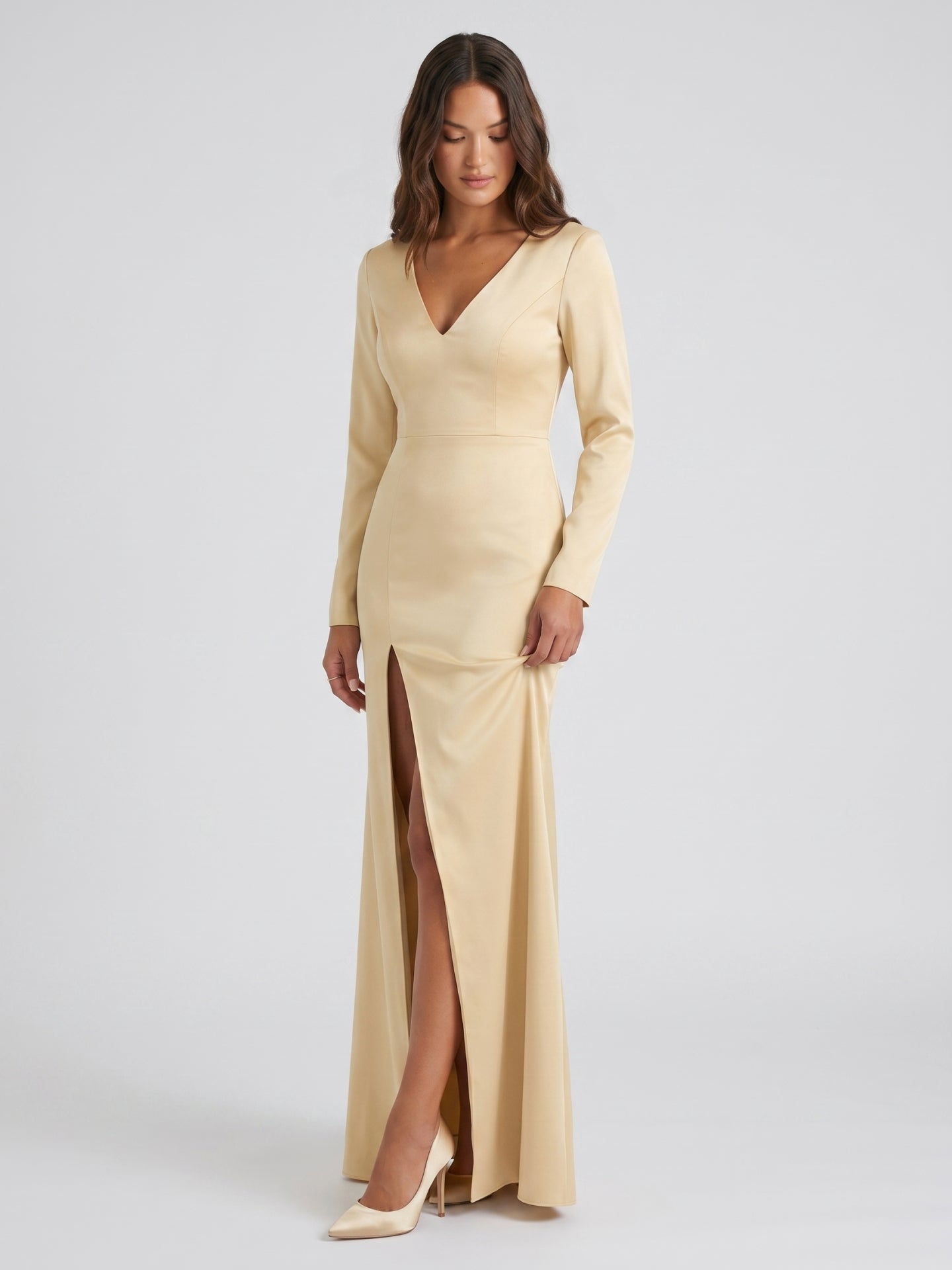 Champagne Satin Sheath V-Neck Back Zip Floor-Length Bridesmaid Dress