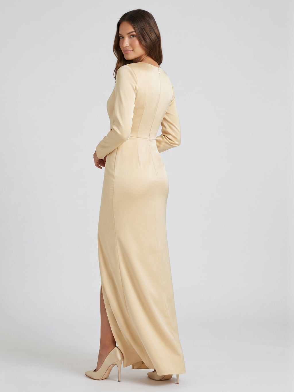 Champagne Satin Sheath V-Neck Back Zip Floor-Length Bridesmaid Dress