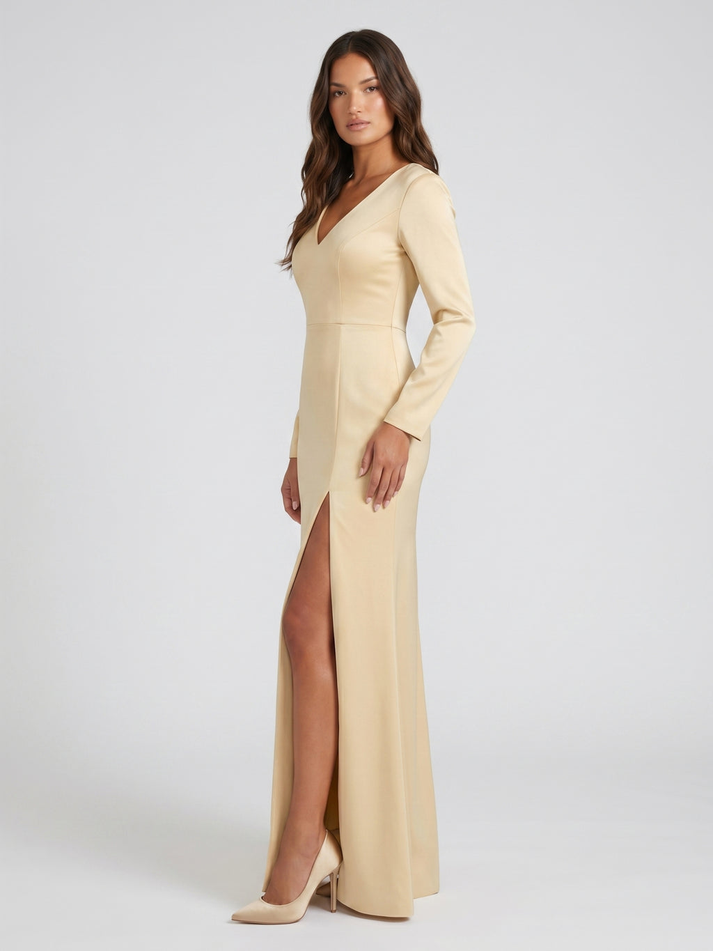 Champagne Satin Sheath V-Neck Back Zip Floor-Length Bridesmaid Dress