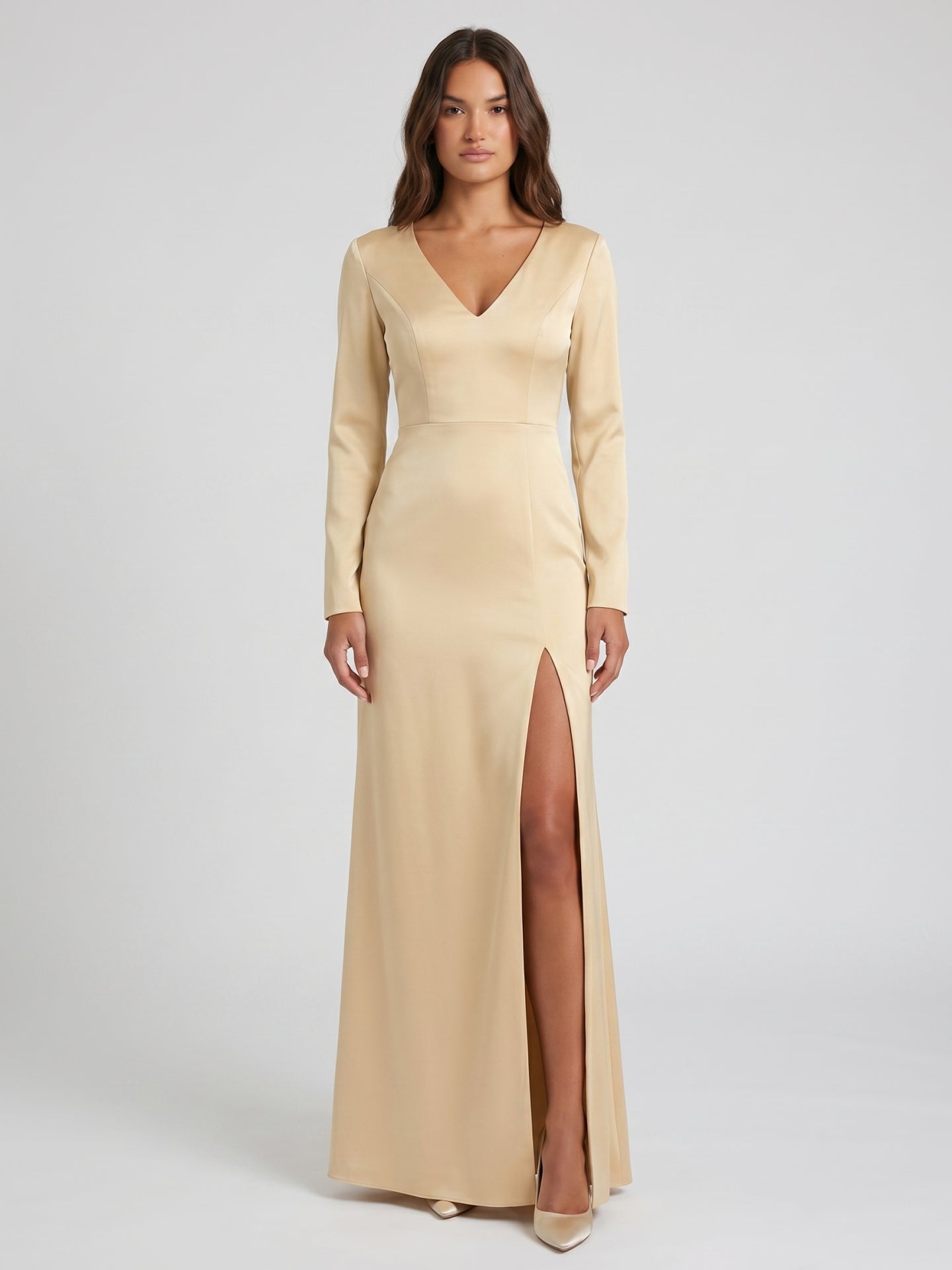 Champagne Satin Sheath V-Neck Back Zip Floor-Length Bridesmaid Dress