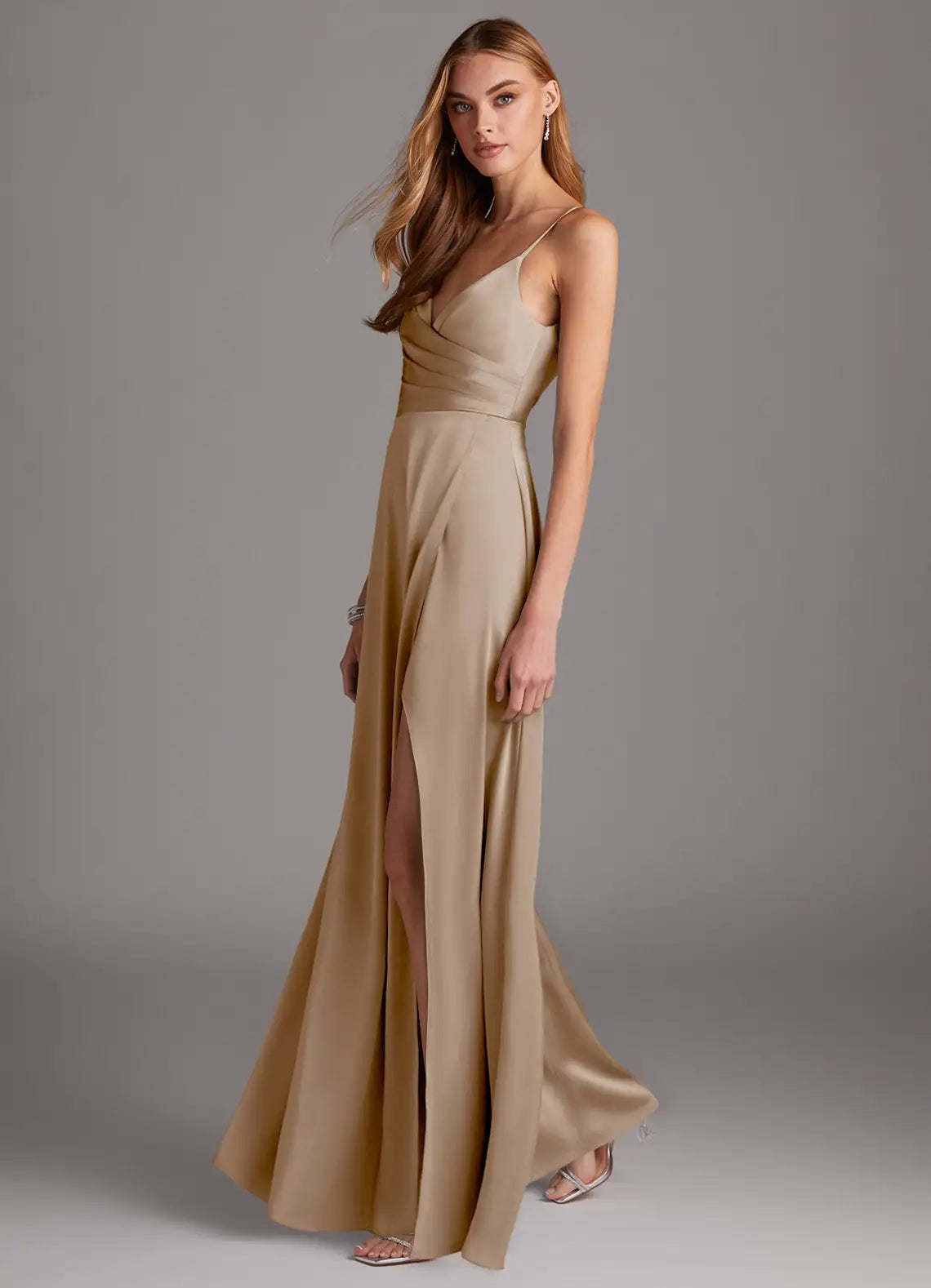 Champagne Satin Spaghetti Strap Bridesmaid Dress with Ruched Bodice and High Slit