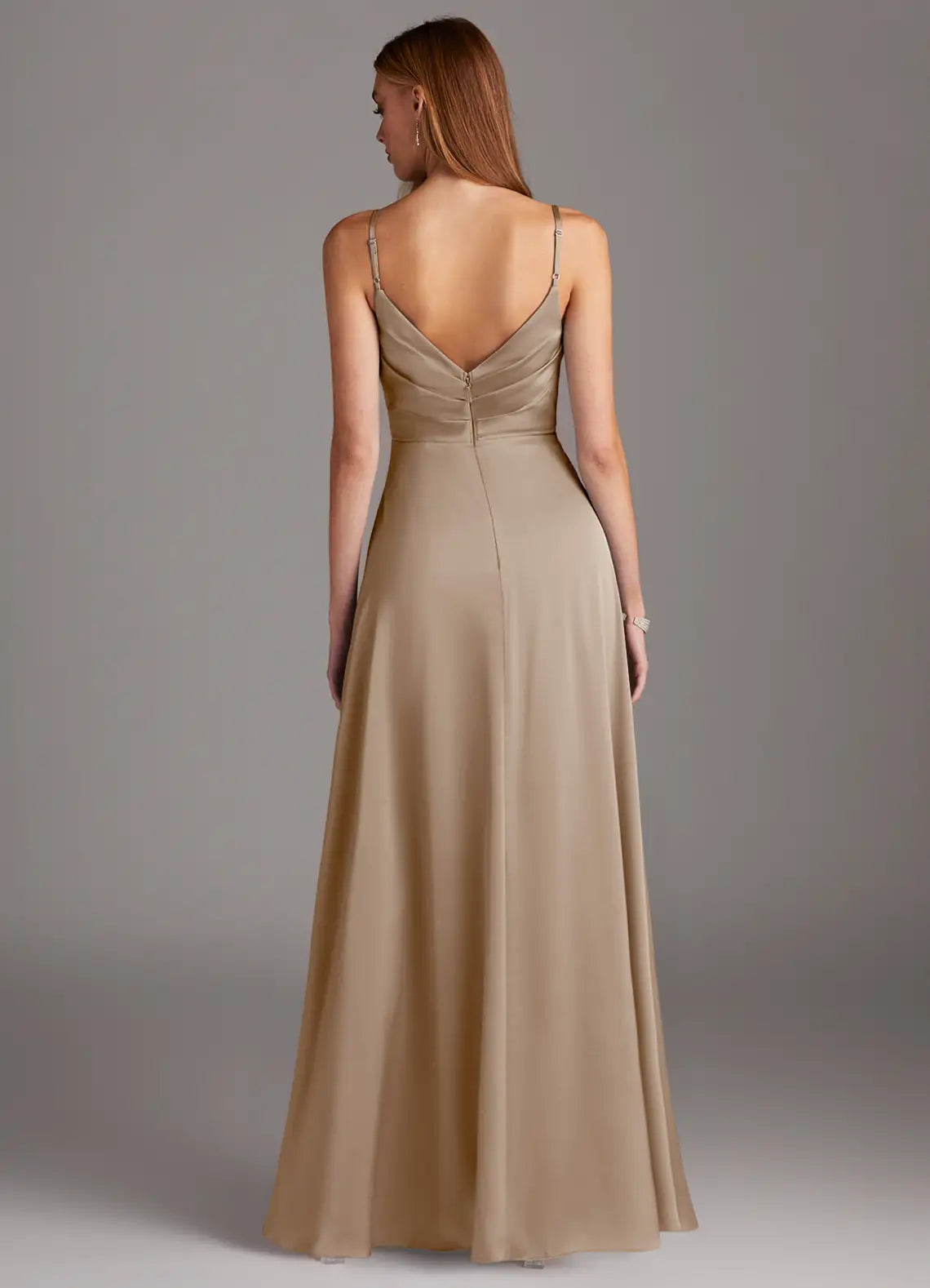 Champagne Satin Spaghetti Strap Bridesmaid Dress with Ruched Bodice and High Slit