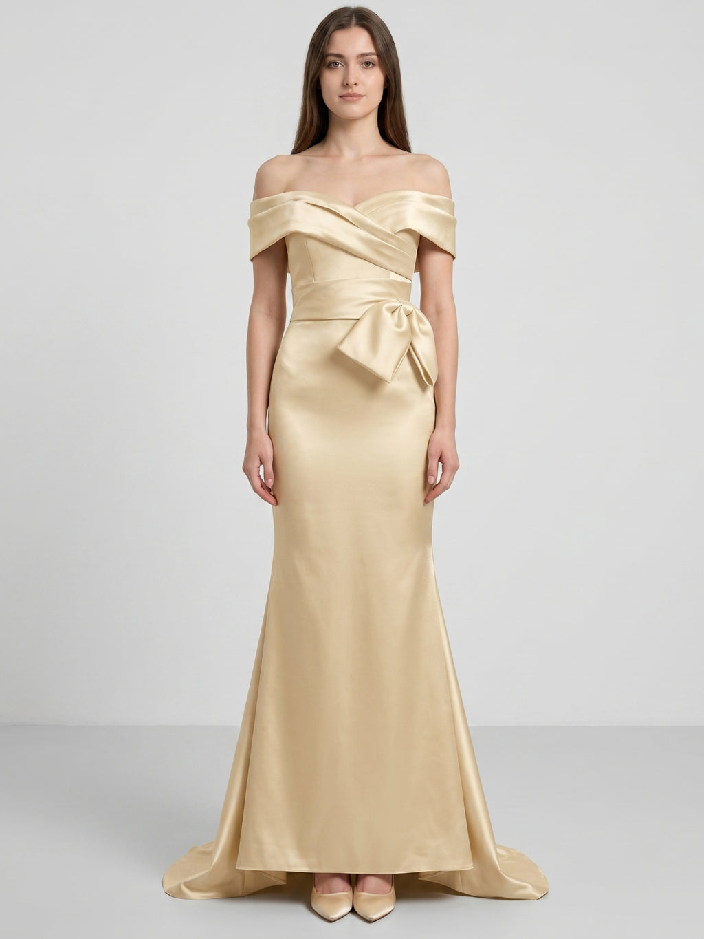 Champagne Satin Trumpet Off-Shoulder Back-Zip Floor-Length Bridesmaid Dress with Bow