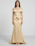 Champagne Satin Trumpet Off-Shoulder Back-Zip Floor-Length Bridesmaid Dress with Bow