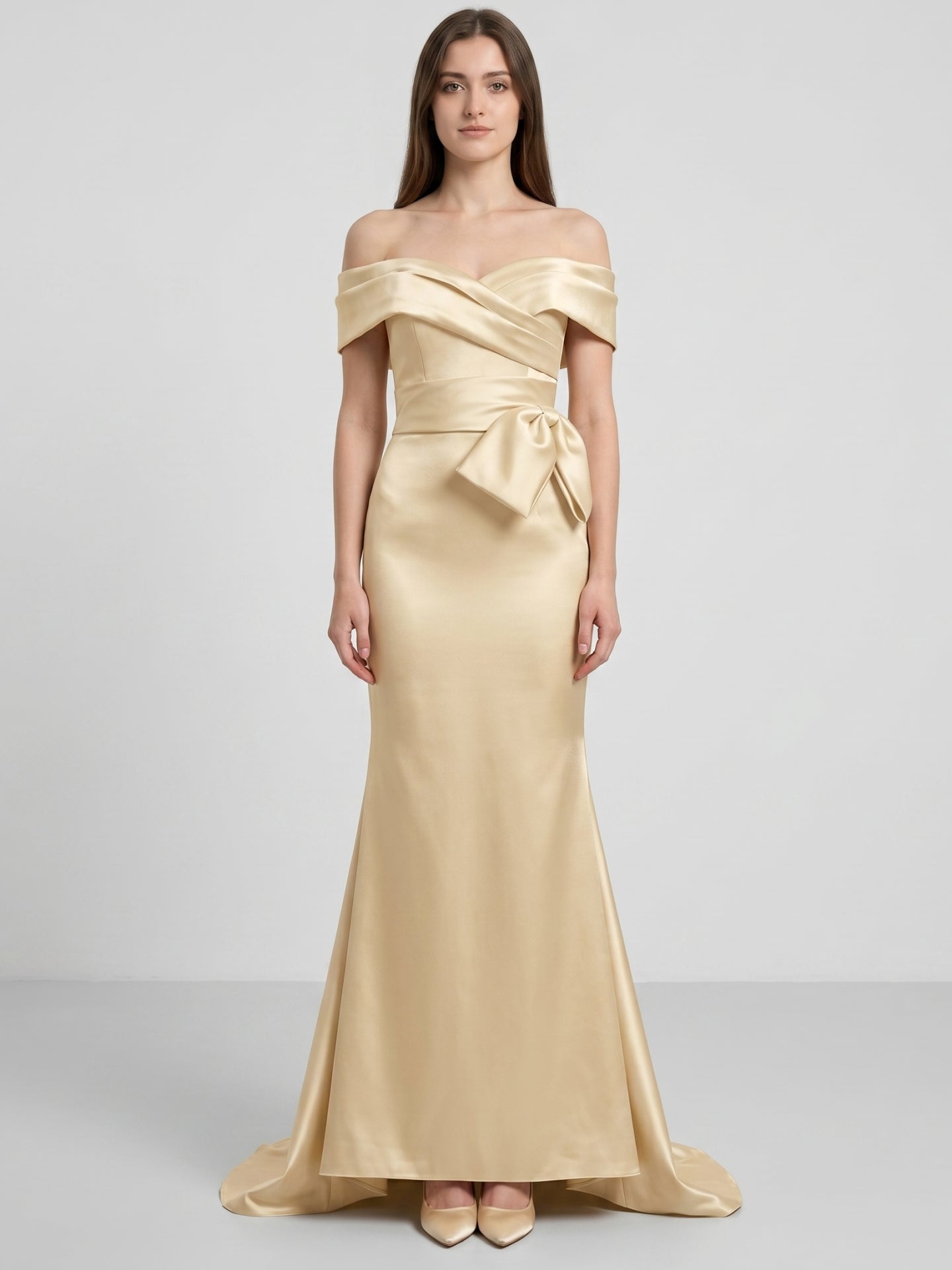 Champagne Satin Trumpet Off-Shoulder Back-Zip Floor-Length Bridesmaid Dress with Bow