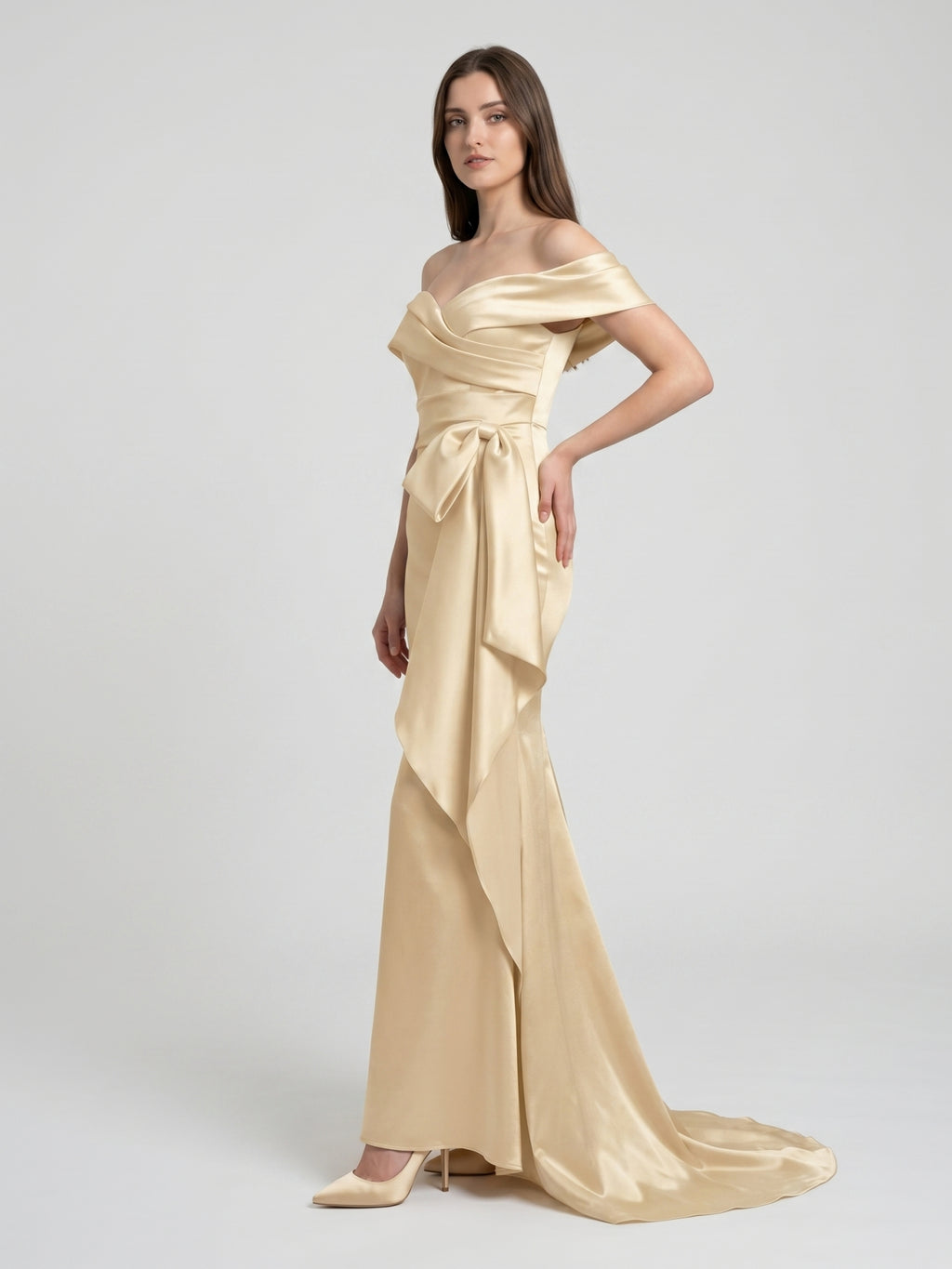 Champagne Satin Trumpet Off-Shoulder Back-Zip Floor-Length Bridesmaid Dress with Bow