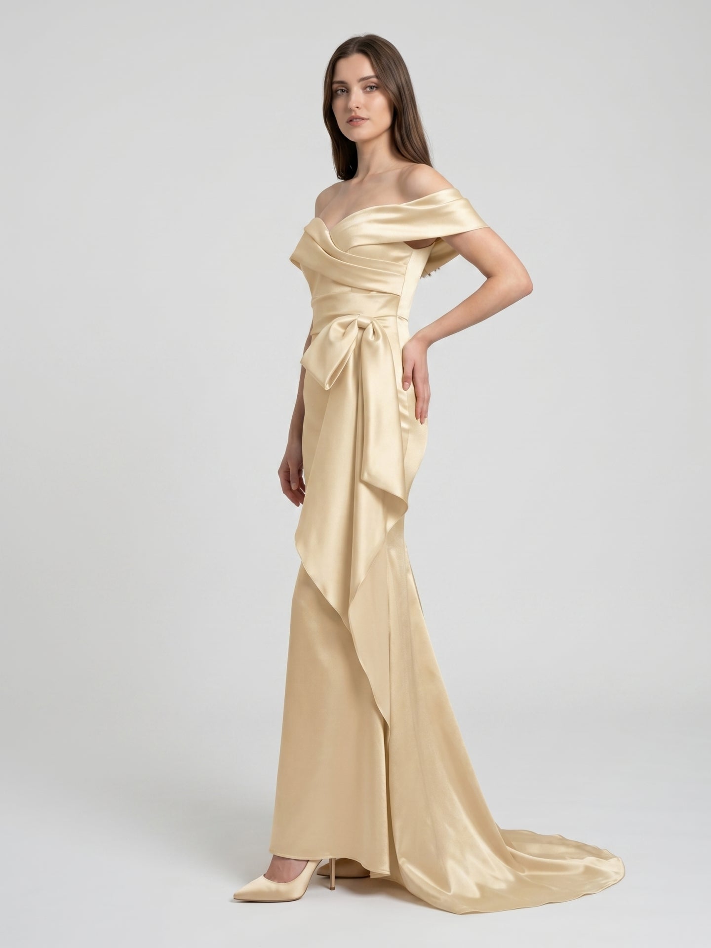 Champagne Satin Trumpet Off-Shoulder Back-Zip Floor-Length Bridesmaid Dress with Bow