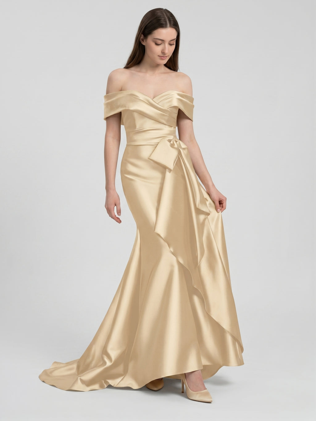Champagne Satin Trumpet Off-Shoulder Back-Zip Floor-Length Bridesmaid Dress with Bow