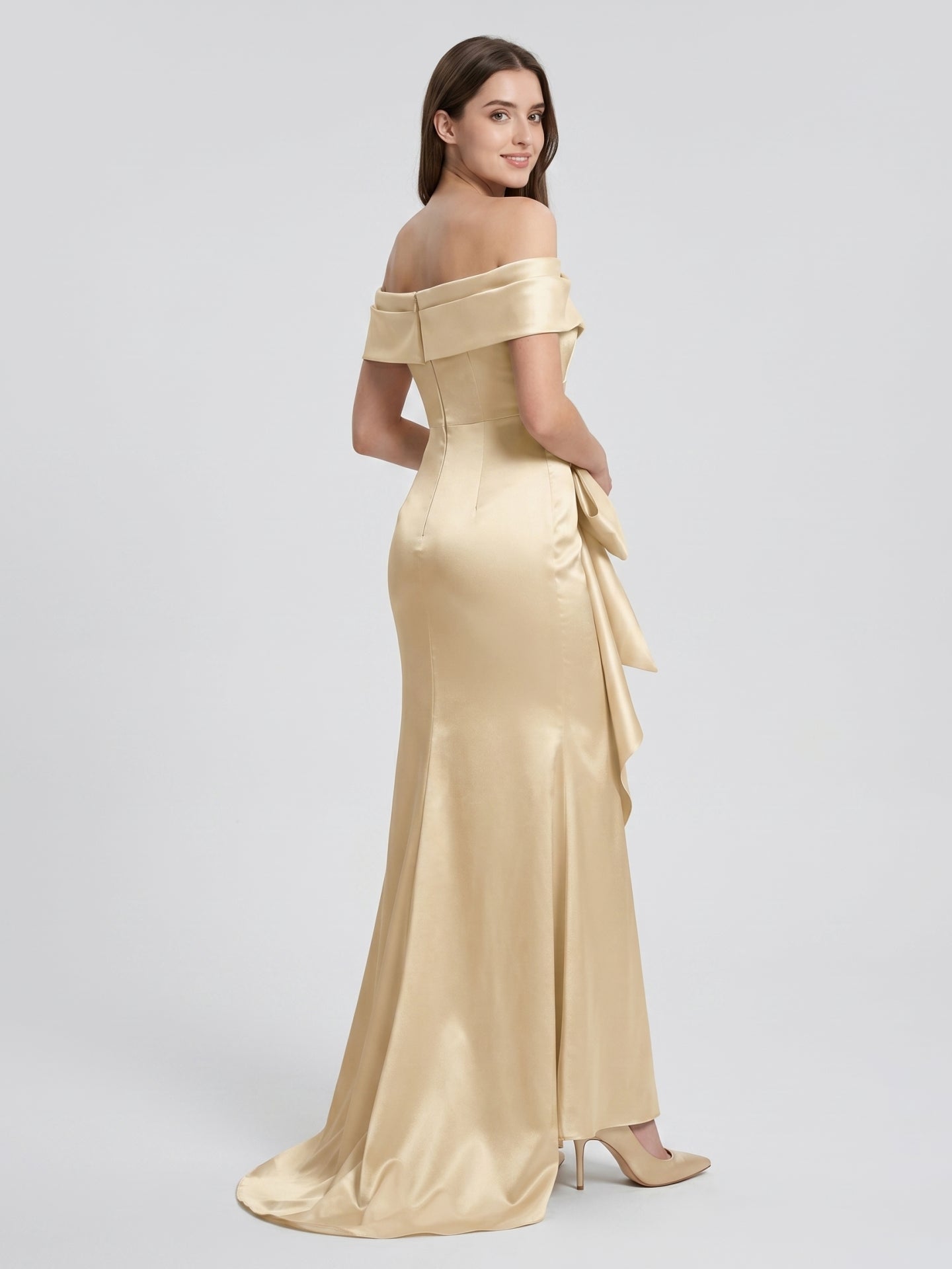 Champagne Satin Trumpet Off-Shoulder Back-Zip Floor-Length Bridesmaid Dress with Bow
