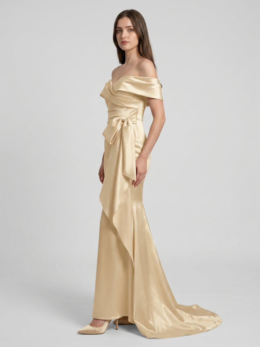Champagne Satin Trumpet Off-Shoulder Back-Zip Floor-Length Bridesmaid Dress with Bow