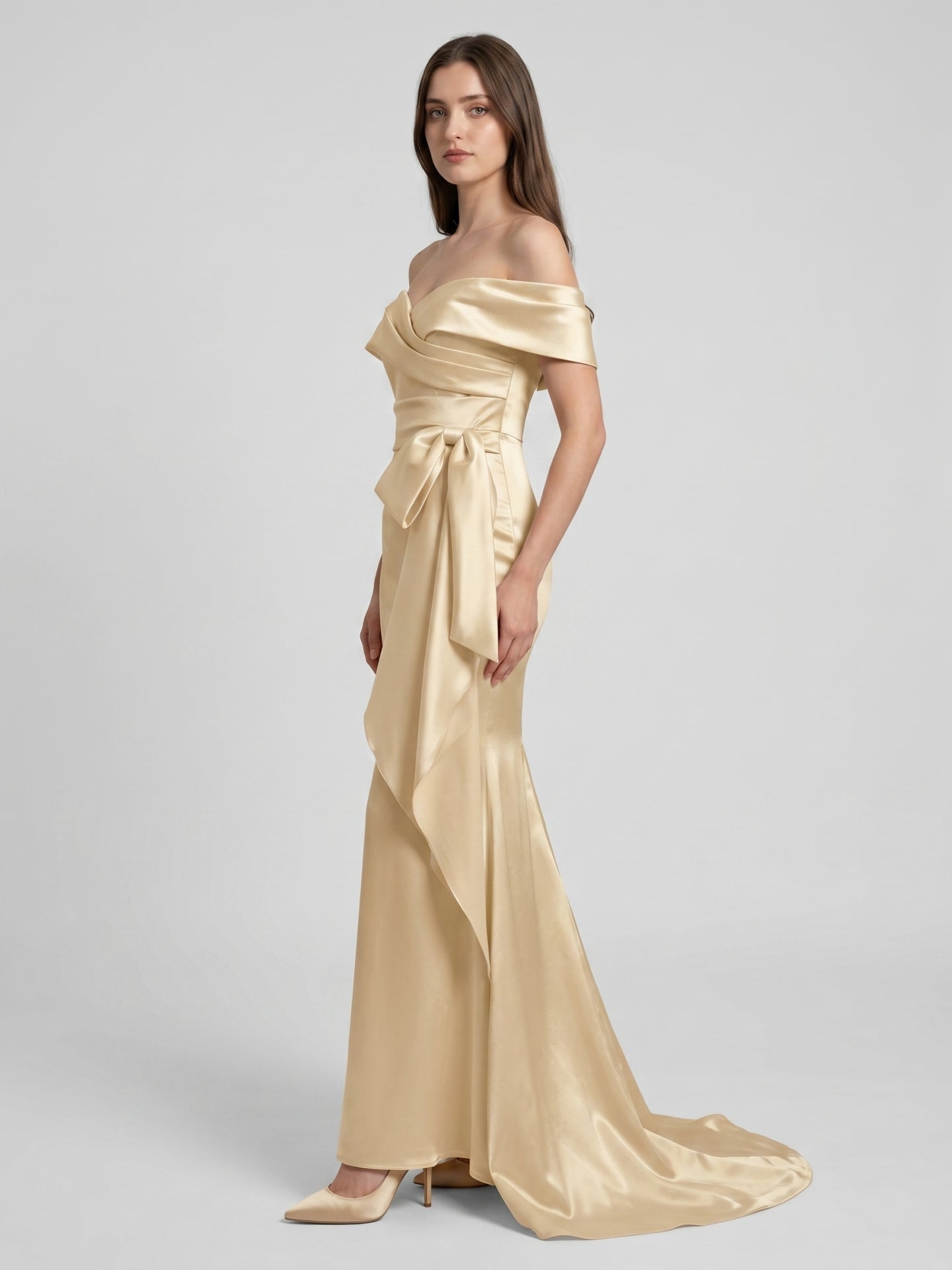Champagne Satin Trumpet Off-Shoulder Back-Zip Floor-Length Bridesmaid Dress with Bow