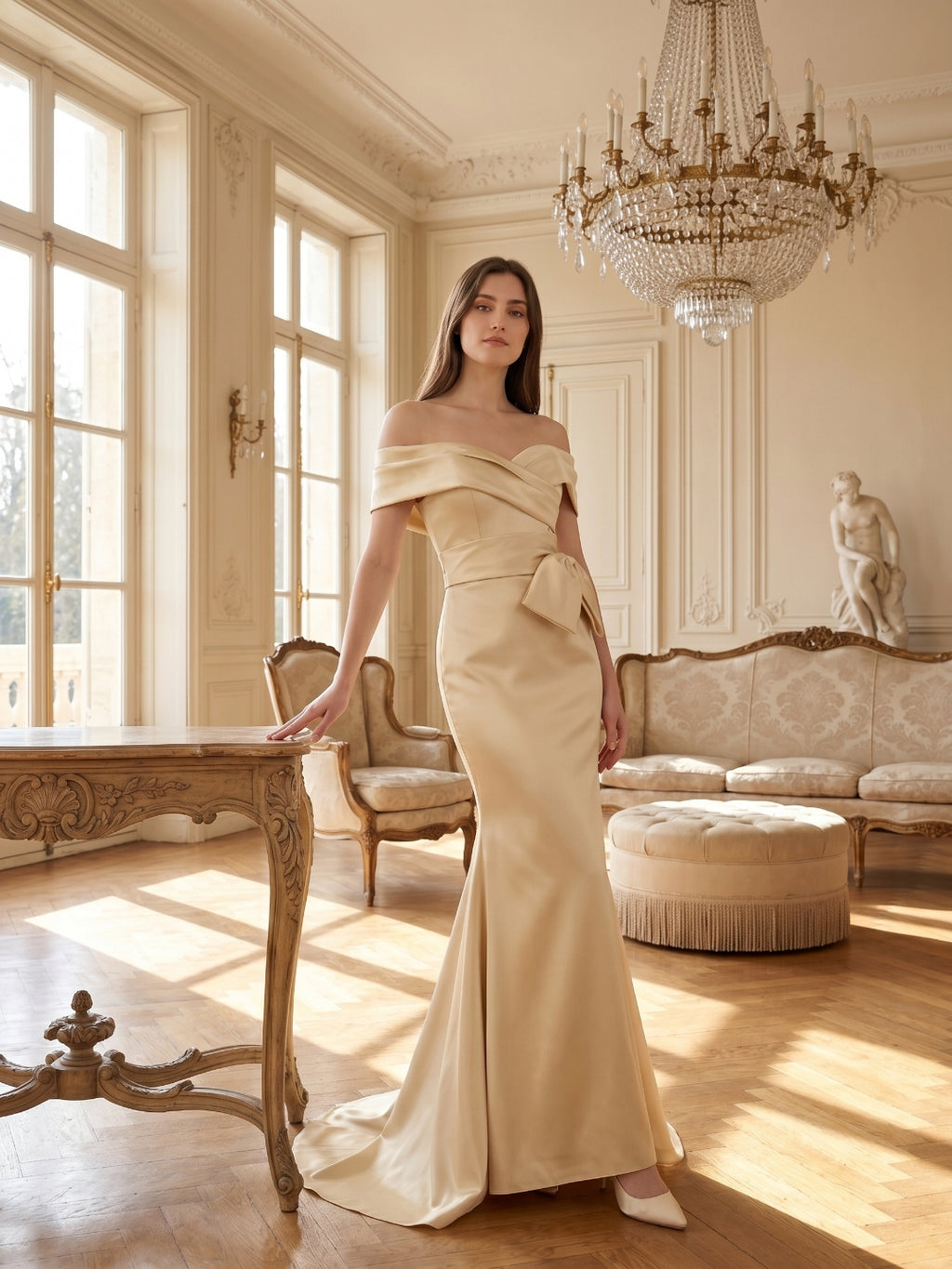 Champagne Satin Trumpet Off-Shoulder Back-Zip Floor-Length Bridesmaid Dress with Bow
