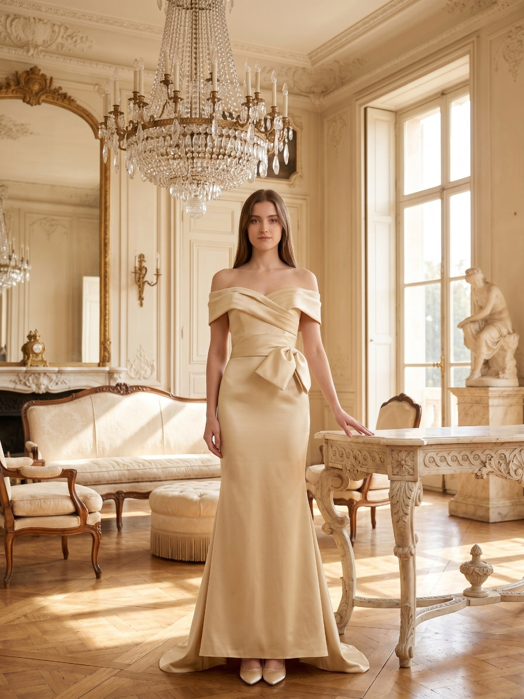 Champagne Satin Trumpet Off-Shoulder Back-Zip Floor-Length Bridesmaid Dress with Bow