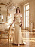 Champagne Satin Trumpet Off-Shoulder Back-Zip Floor-Length Bridesmaid Dress with Bow