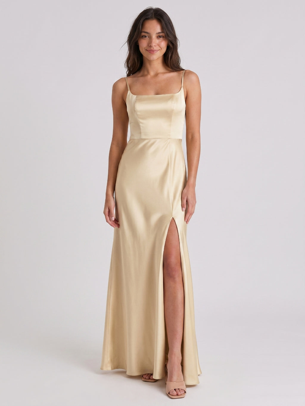 Champagne Satin Trumpet Square Neck Back Zip Floor-Length Bridesmaid Dress