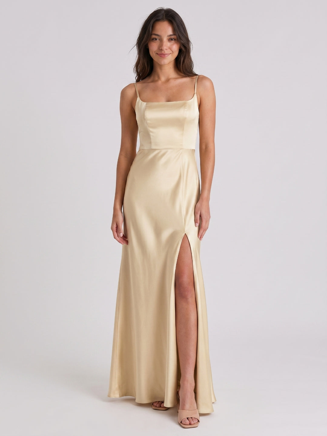 Champagne Satin Trumpet Square Neck Back Zip Floor-Length Bridesmaid Dress