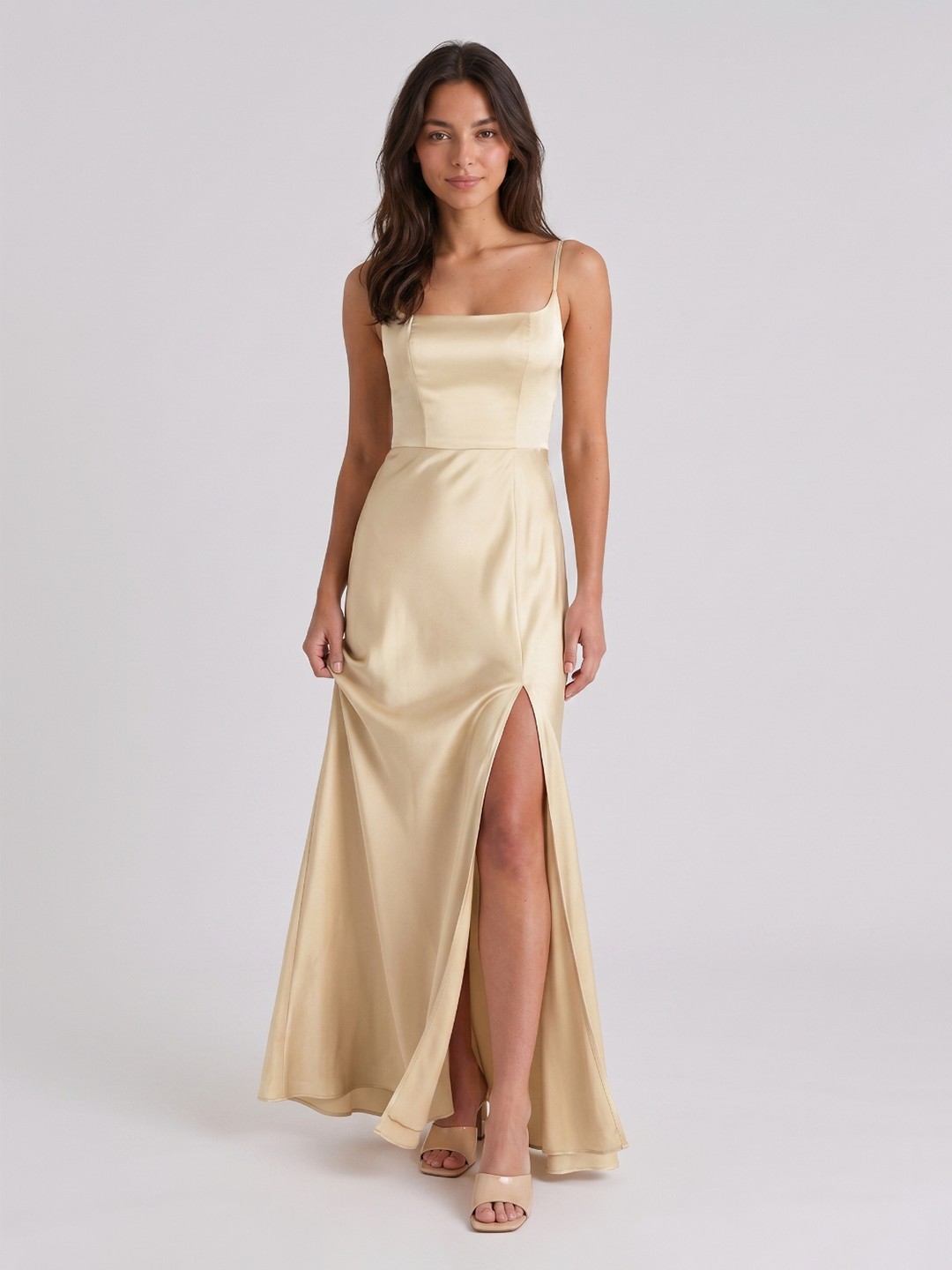 Champagne Satin Trumpet Square Neck Back Zip Floor-Length Bridesmaid Dress