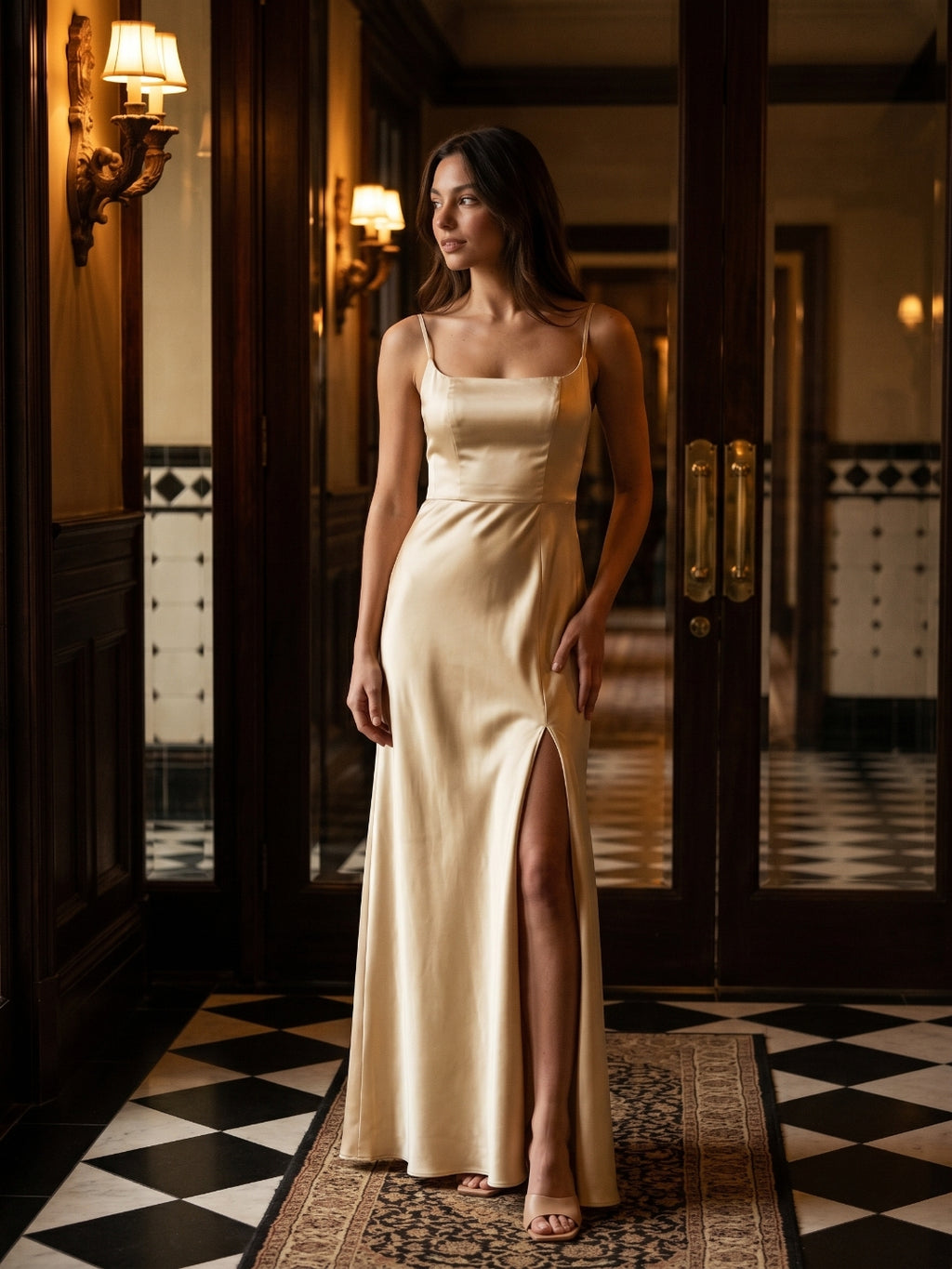 Champagne Satin Trumpet Square Neck Back Zip Floor-Length Bridesmaid Dress
