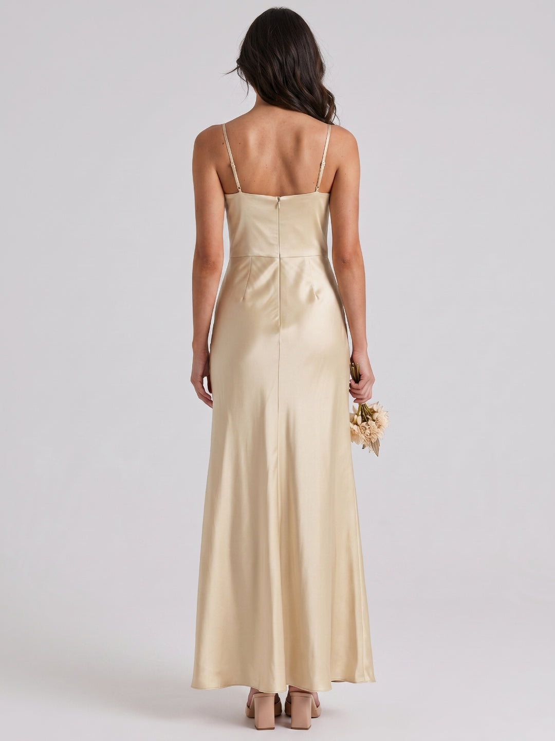 Champagne Satin Trumpet Square Neck Back Zip Floor-Length Bridesmaid Dress