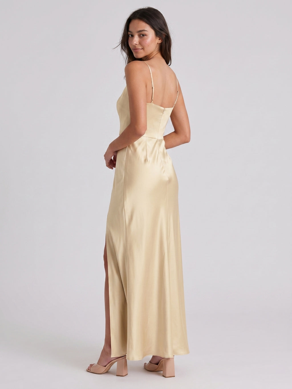 Champagne Satin Trumpet Square Neck Back Zip Floor-Length Bridesmaid Dress