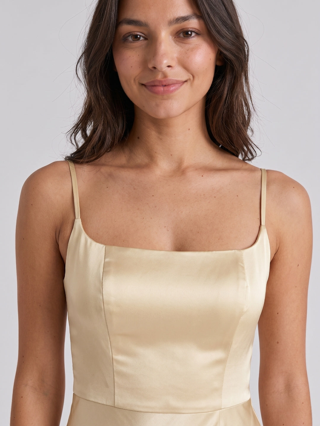 Champagne Satin Trumpet Square Neck Back Zip Floor-Length Bridesmaid Dress