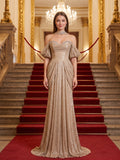 Champagne Tulle A-Line Off-the-Shoulder Lace-up Floor-Length Dress