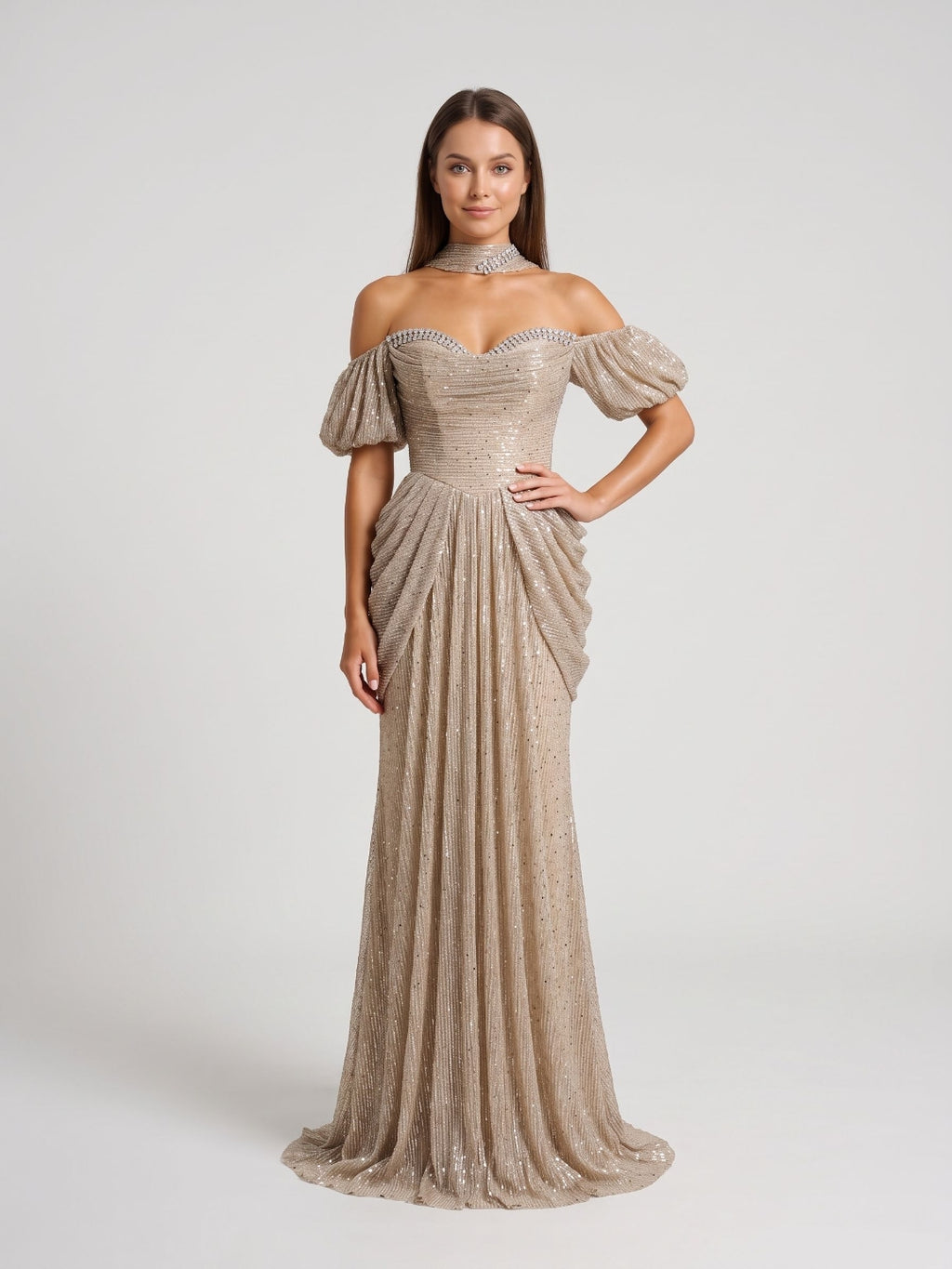 Champagne Tulle A-Line Off-the-Shoulder Lace-up Floor-Length Dress