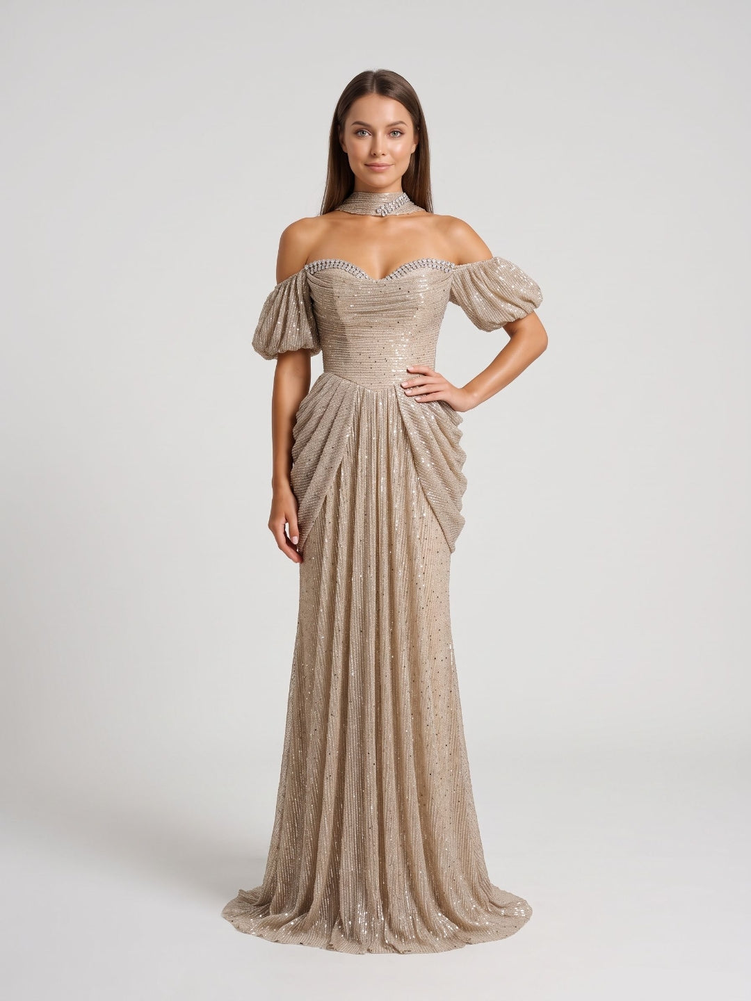 Champagne Tulle A-Line Off-the-Shoulder Lace-up Floor-Length Dress