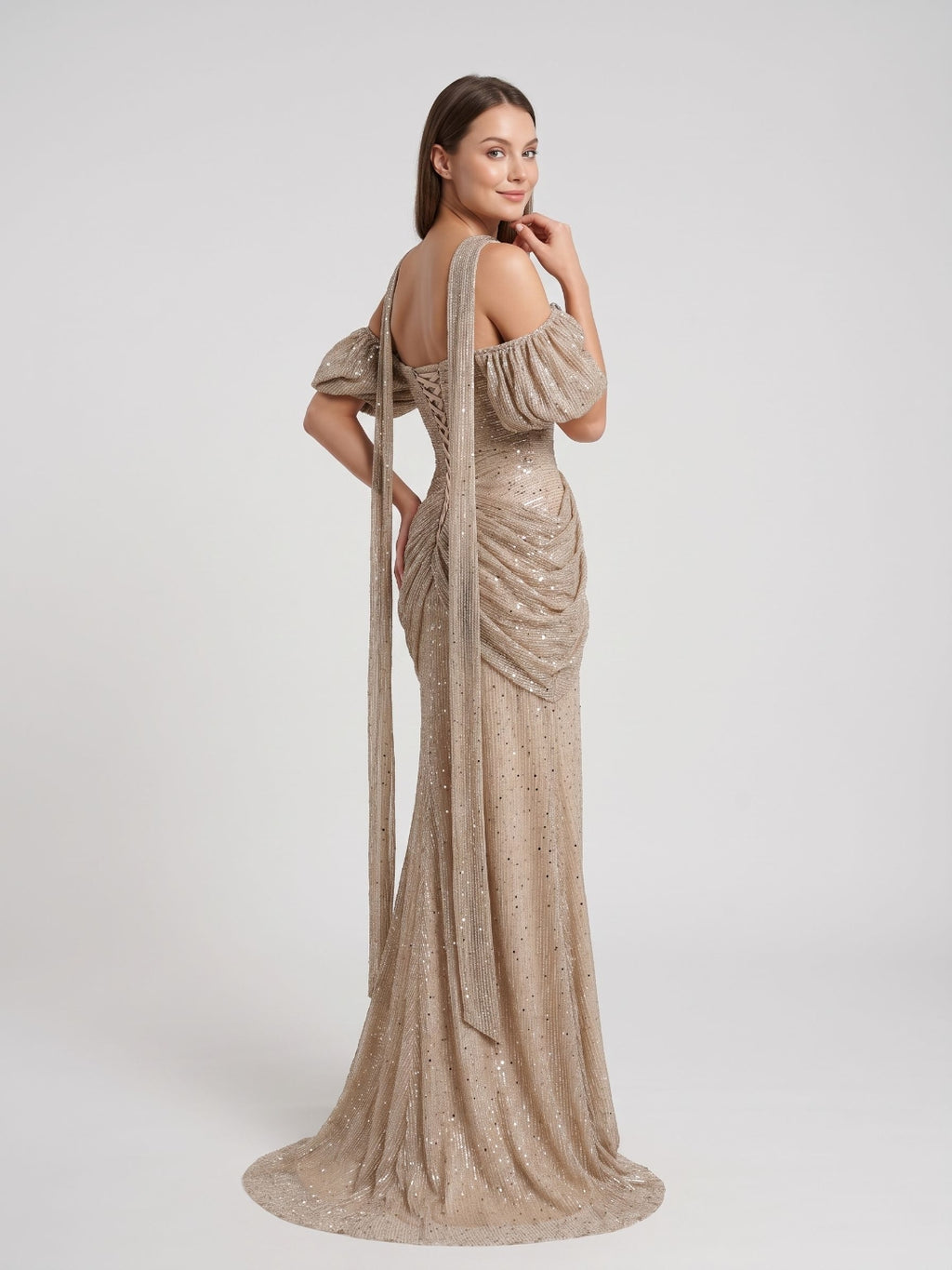 Champagne Tulle A-Line Off-the-Shoulder Lace-up Floor-Length Dress