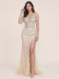 Champagne Tulle Mermaid Off-the-Shoulder Backless Floor-Length Prom Dress with Beading