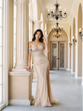 Champagne Tulle Mermaid Off-the-Shoulder Backless Floor-Length Prom Dress with Beading