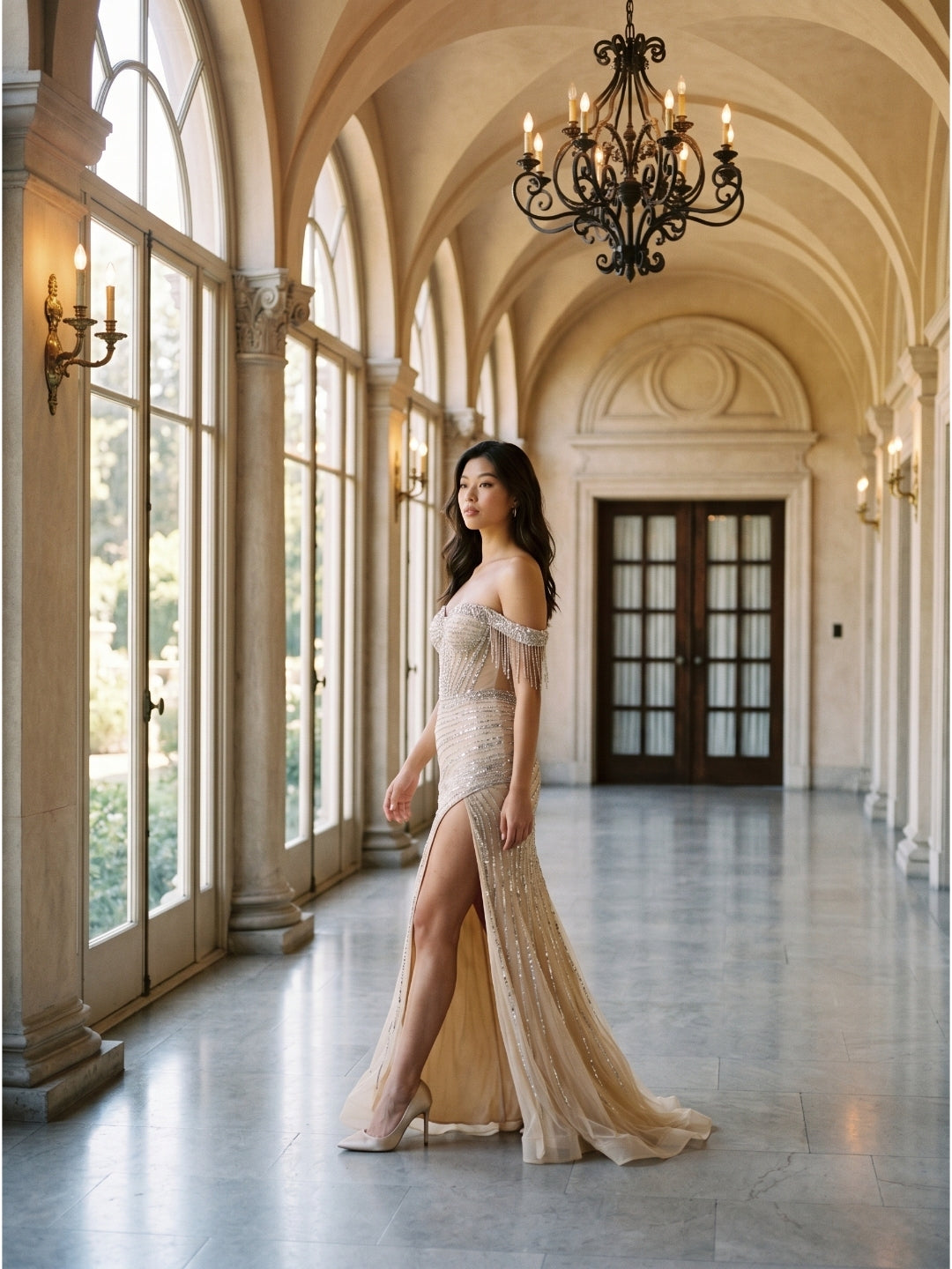 Champagne Tulle Mermaid Off-the-Shoulder Backless Floor-Length Prom Dress with Beading