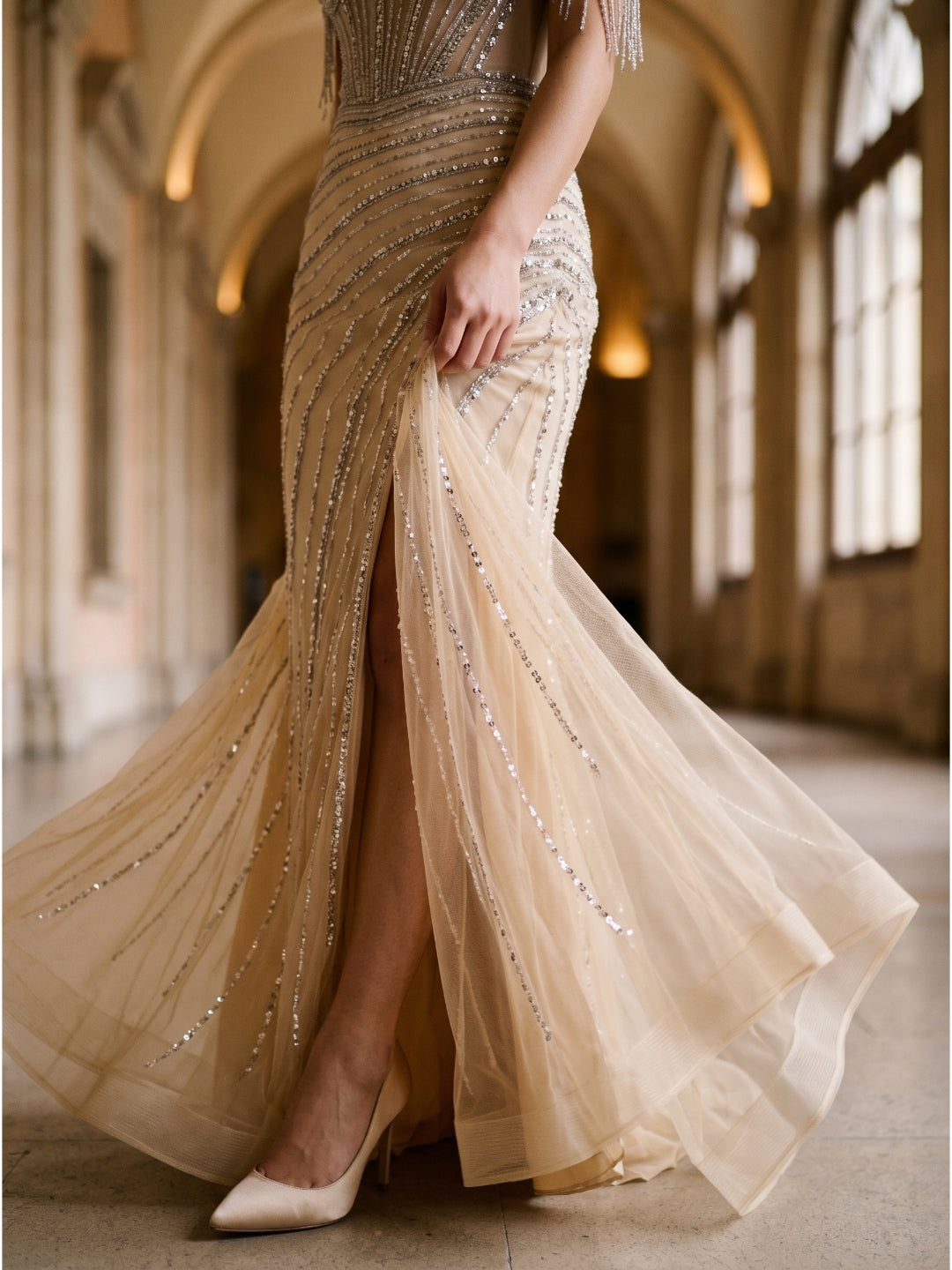 Champagne Tulle Mermaid Off-the-Shoulder Backless Floor-Length Prom Dress with Beading