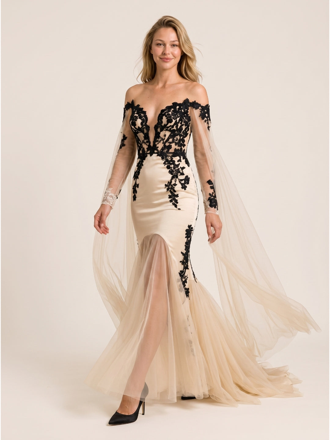 Sand Tulle Mermaid V-Neck Corset Back Floor-Length Wedding Dress with 3D Flowers