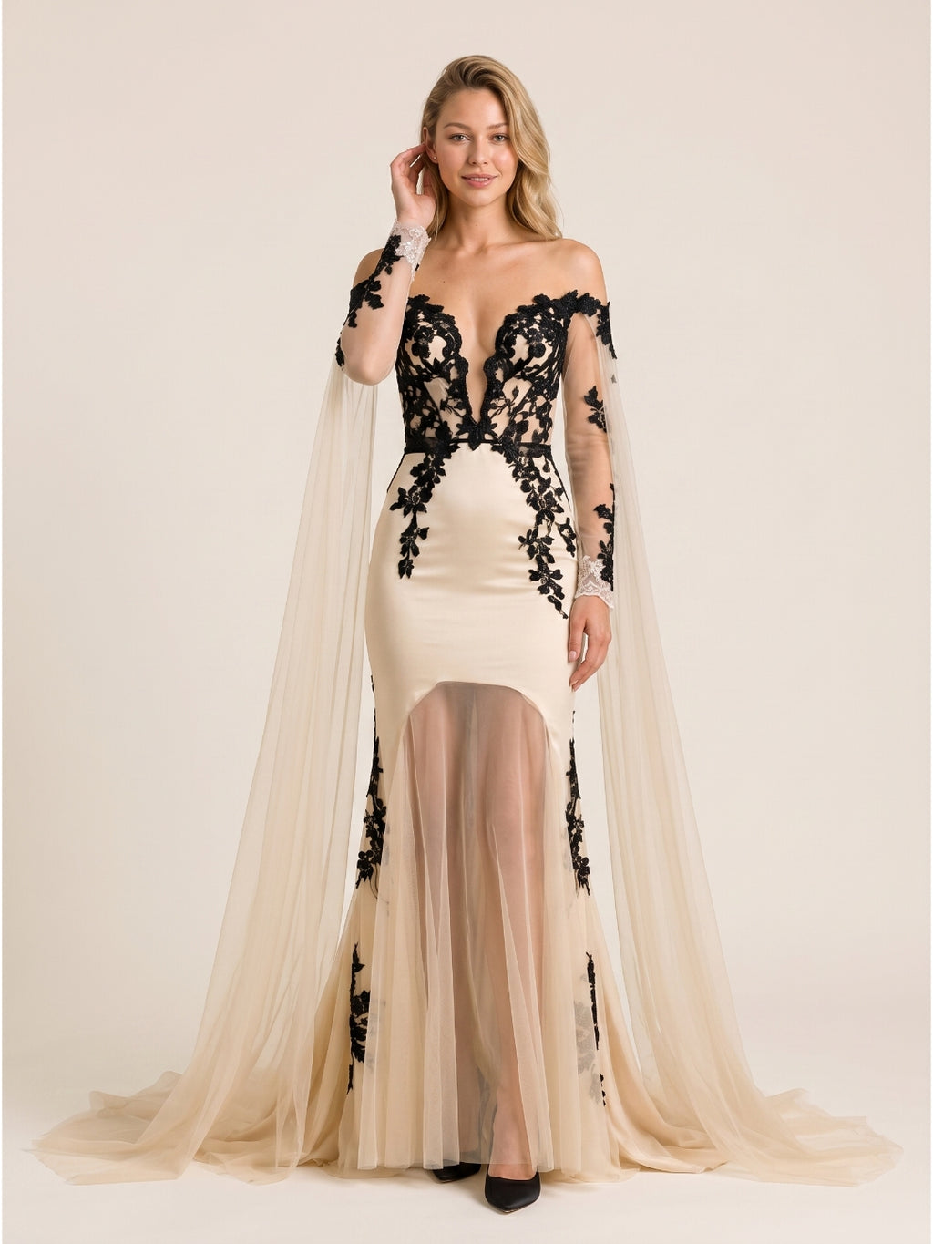 Sand Tulle Mermaid V-Neck Corset Back Floor-Length Wedding Dress with 3D Flowers