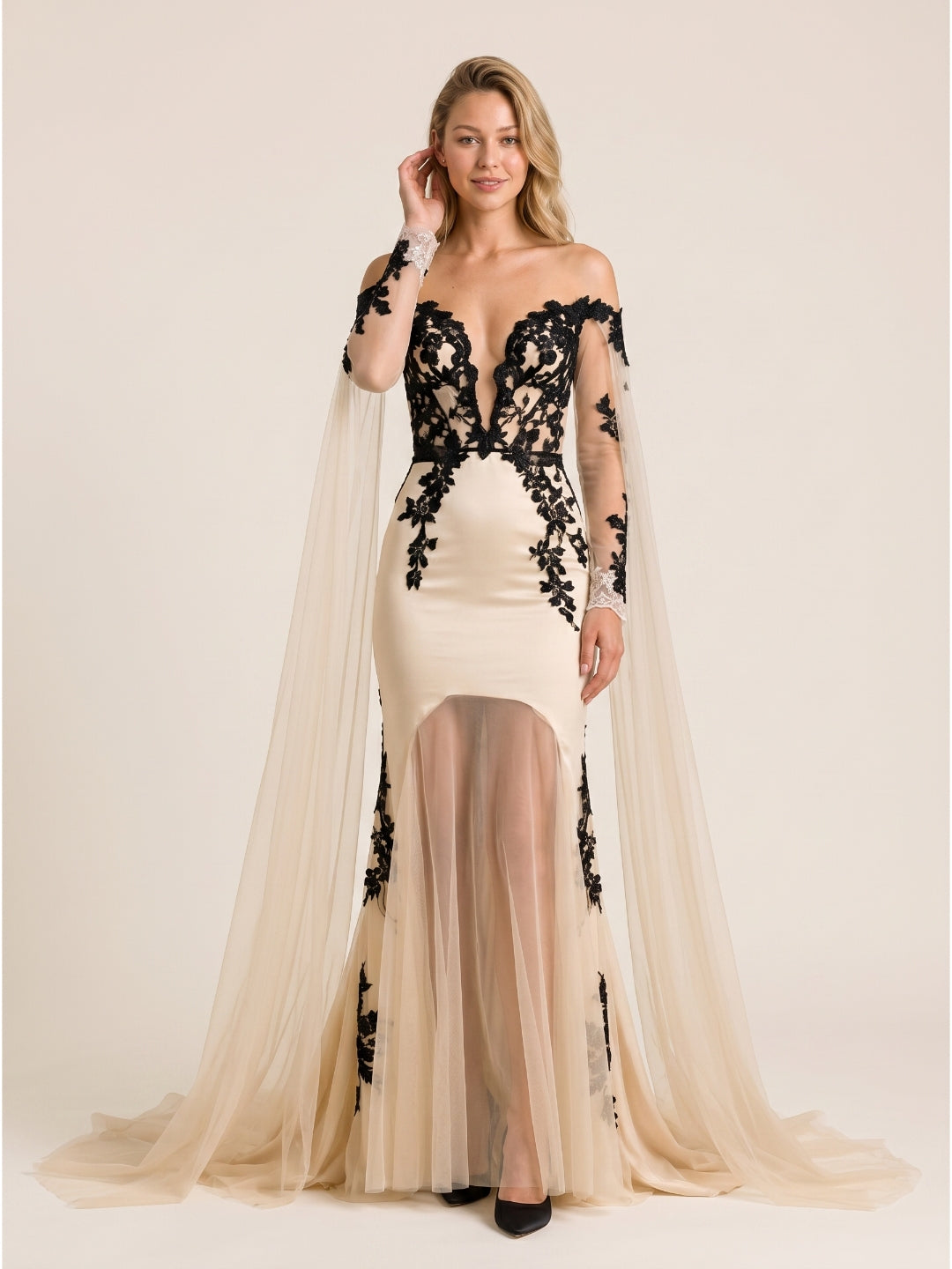 Sand Tulle Mermaid V-Neck Corset Back Floor-Length Wedding Dress with 3D Flowers