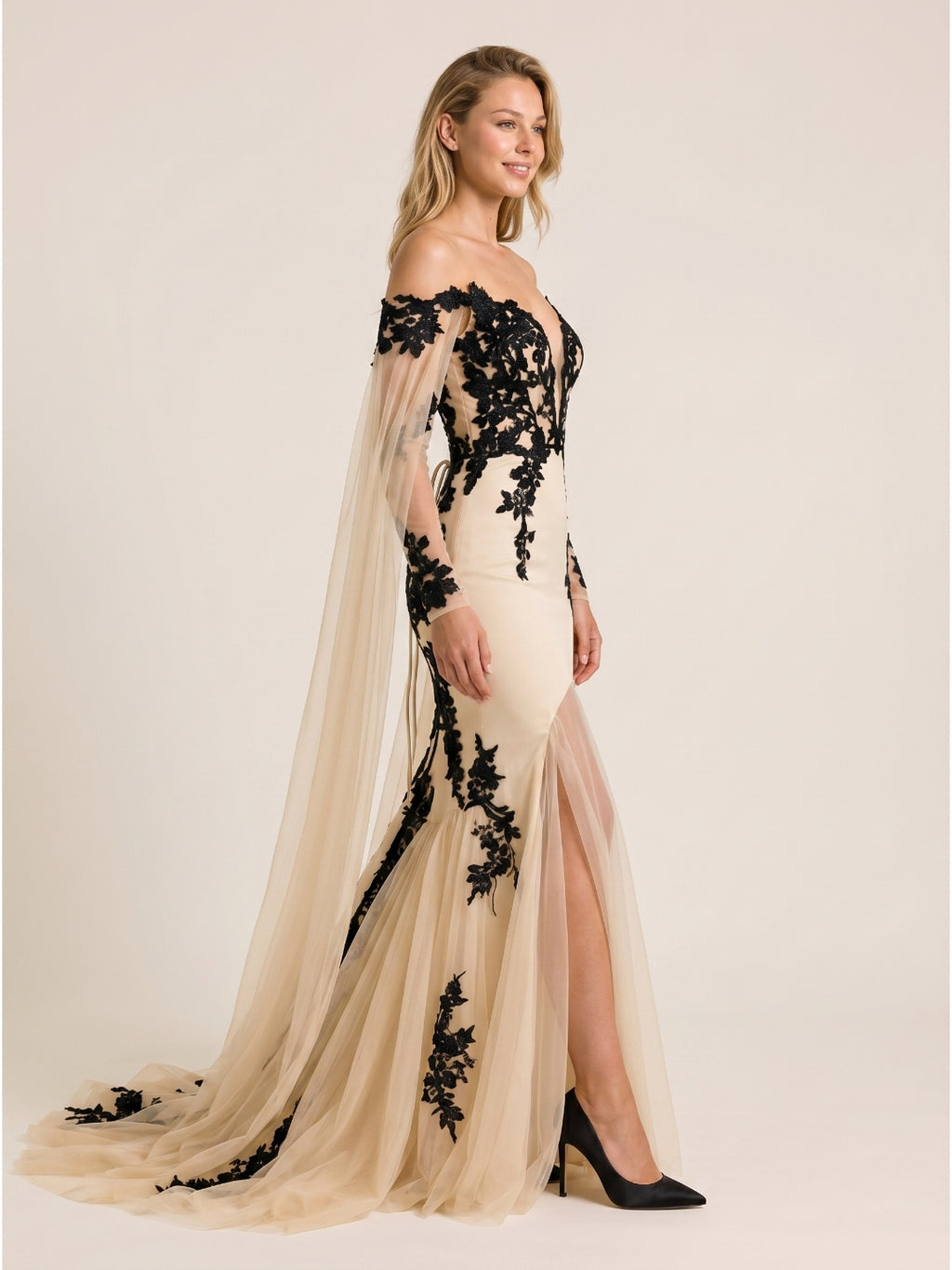 Sand Tulle Mermaid V-Neck Corset Back Floor-Length Wedding Dress with 3D Flowers