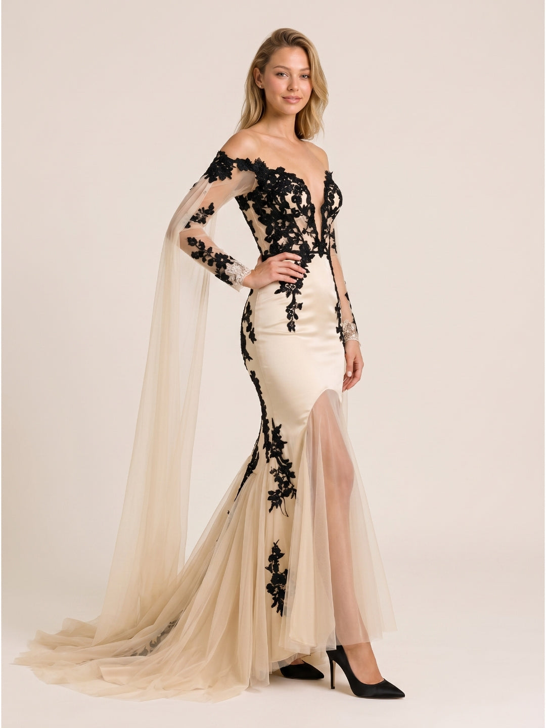 Sand Tulle Mermaid V-Neck Corset Back Floor-Length Wedding Dress with 3D Flowers