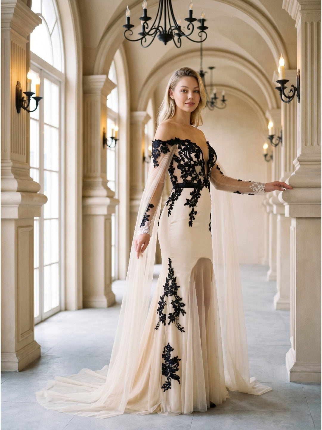 Sand Tulle Mermaid V-Neck Corset Back Floor-Length Wedding Dress with 3D Flowers