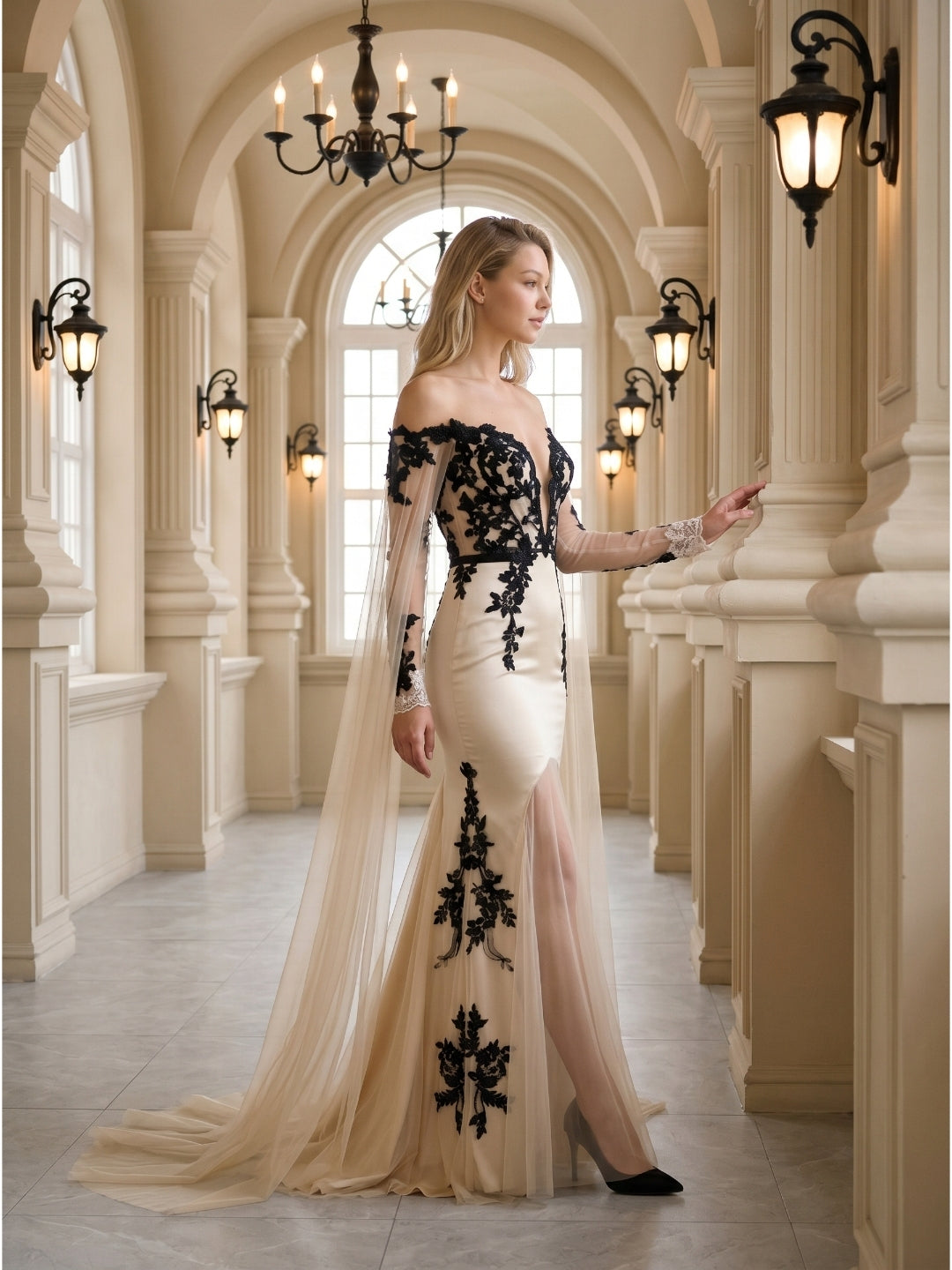 Sand Tulle Mermaid V-Neck Corset Back Floor-Length Wedding Dress with 3D Flowers