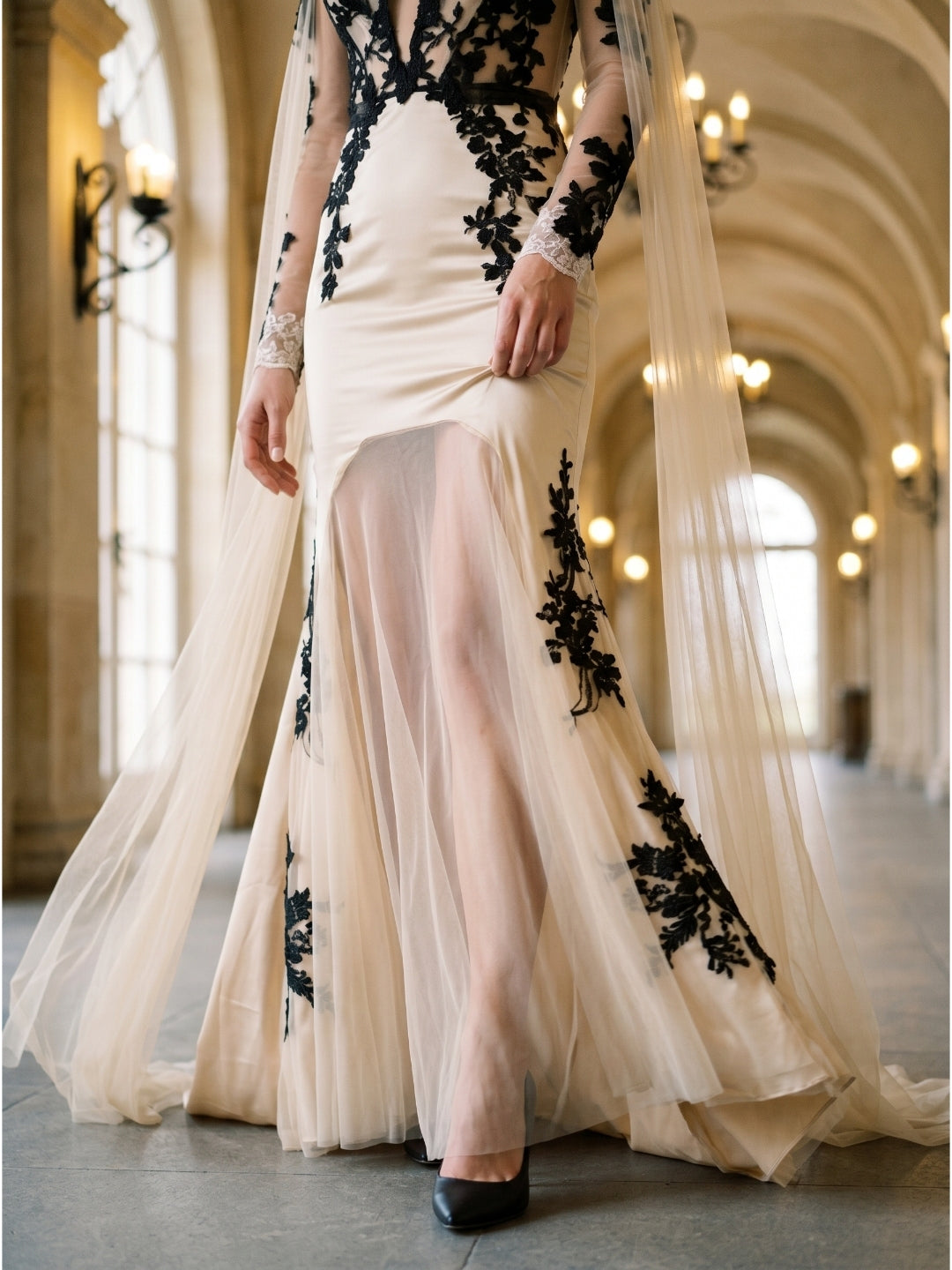 Sand Tulle Mermaid V-Neck Corset Back Floor-Length Wedding Dress with 3D Flowers